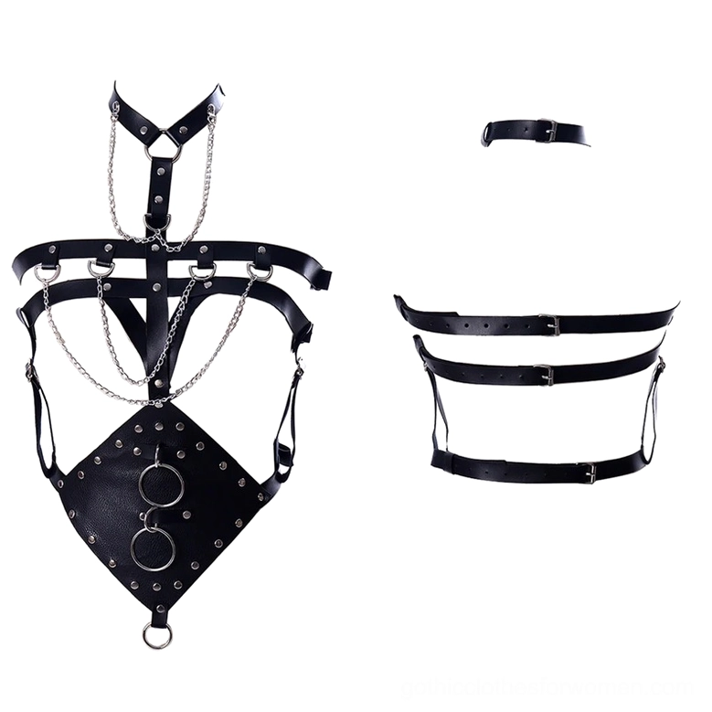 Complete black bondage harness set separated parts layout, flat lay view showing all components, PU leather straps chains and metal O-rings
