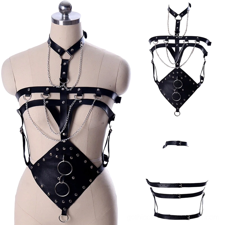 Black PU leather bondage waist straps with adjustable buckle fasteners, flat lay details, harness belt adjustment mechanism for women
