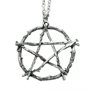 Branch pentagram gothic necklace front view with antique silver finish showing intricate woven pentacle design