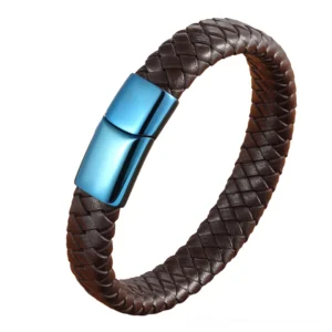 Dark brown woven leather gothic bracelet with blue steel buckle, artistic three-quarter angle