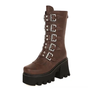 Brown cognac platform combat boots with silver buckle straps and chunky black platform sole side angle