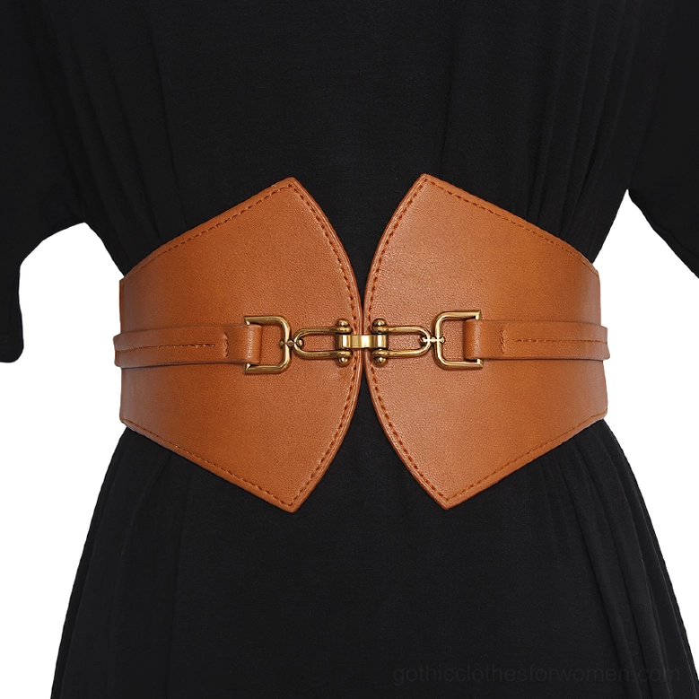Brown PU leather gothic corset waist belt with antique gold buckles - styled on model in black dress