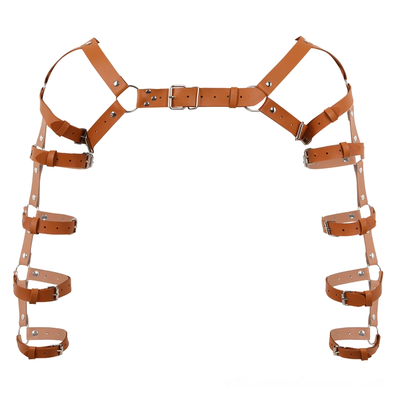 Brown leather gothic chest harness flat lay, featuring straight shoulder straps and full body coverage