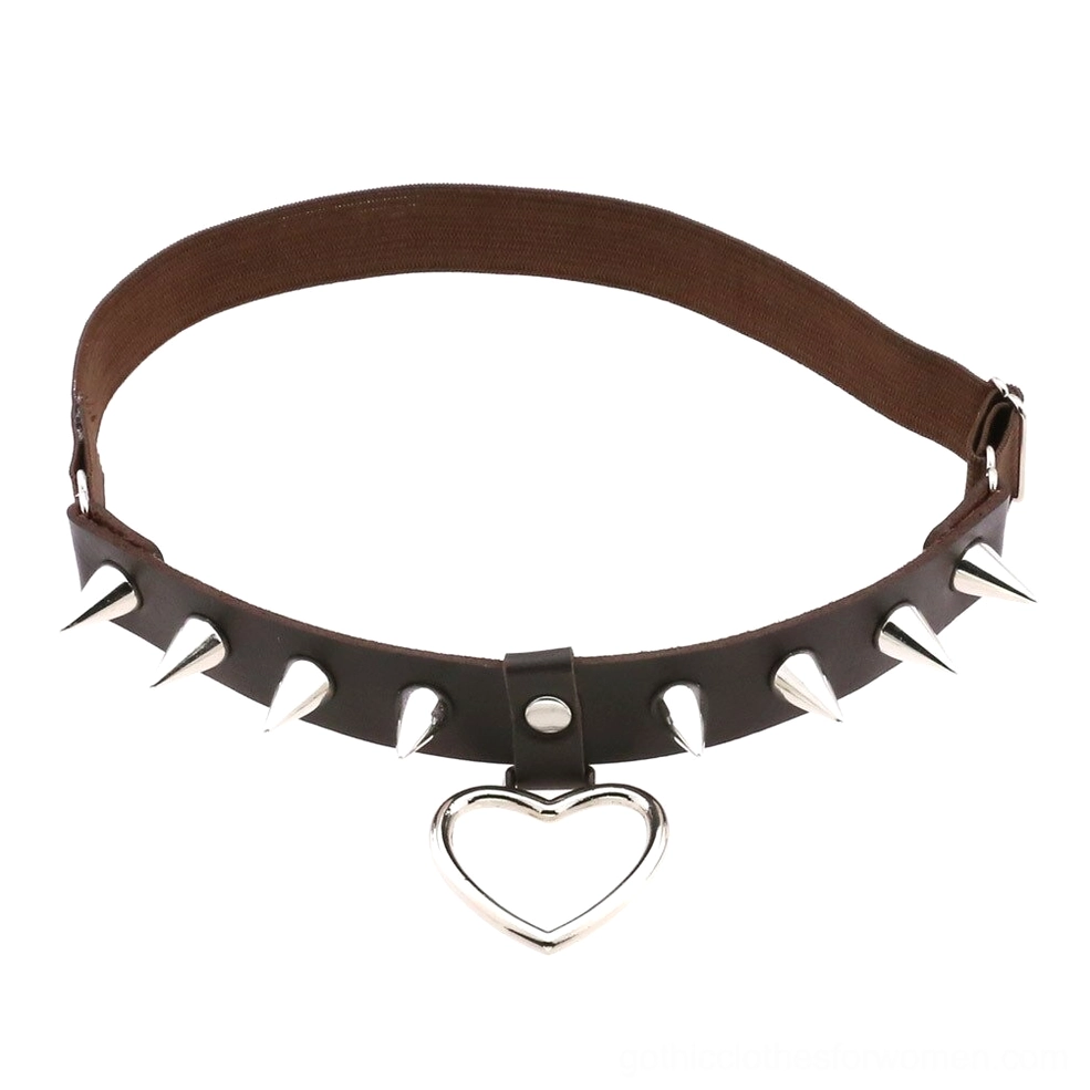 Brown PU leather gothic leg garter with silver spikes and heart pendant, front display studio photography