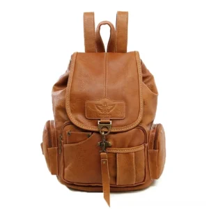 Tan brown vintage leather gothic backpack with branded embossed detail - classic alternative fashion accessory