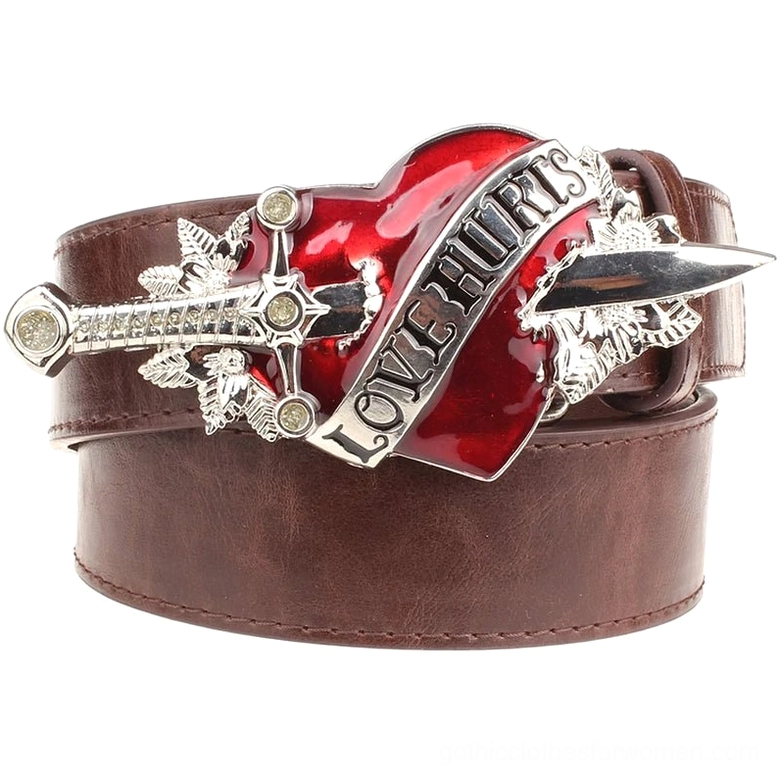 Brown gothic leather belt with metal heart pierced by dagger buckle, alternative fashion accessory front flat lay