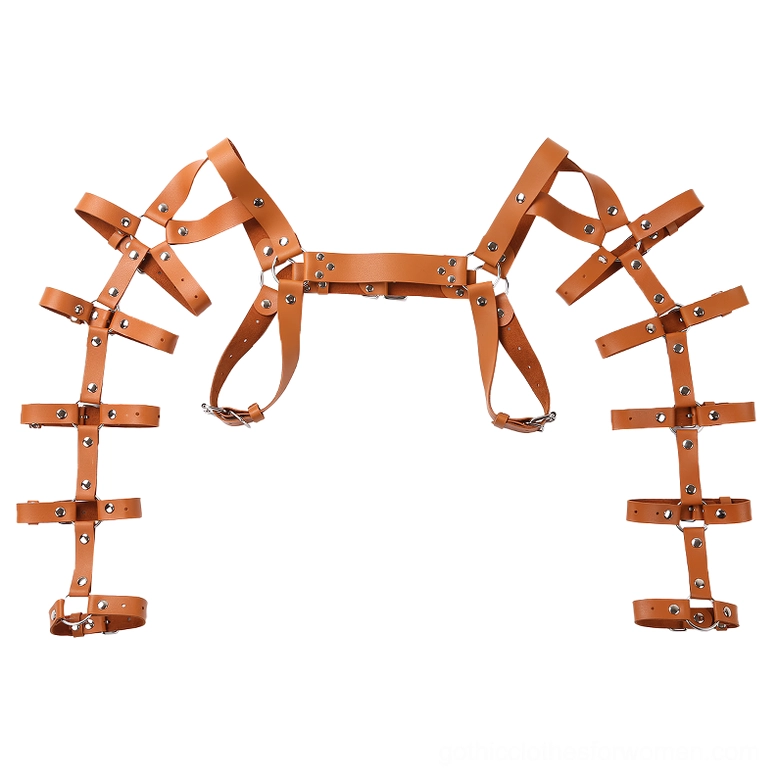 Brown leather chest harness with crossed shoulder straps and metal hardware, flat lay presentation