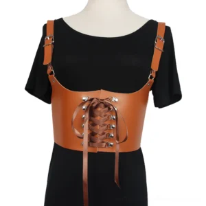 Brown PU leather adjustable corset belt with lace detailing and shoulder straps front view