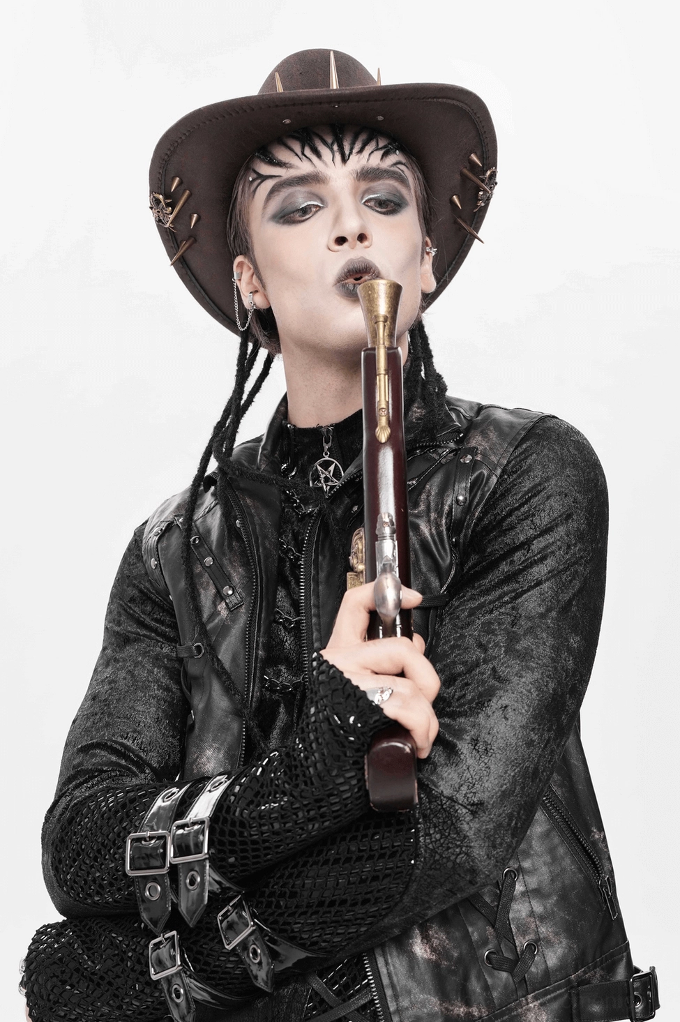 Brown gothic cowboy hat with bullet band and metal spikes, alternative angle view