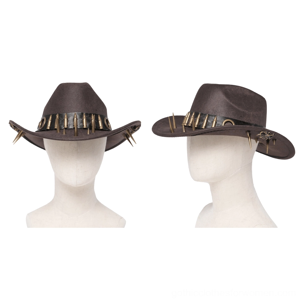 Two brown gothic cowboy hats with metal bullet casings and spike details on mannequin heads