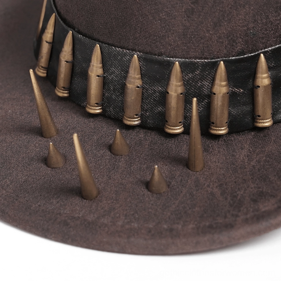 Brown gothic cowboy hat with metal bullet band and spike accents, detailed angle view
