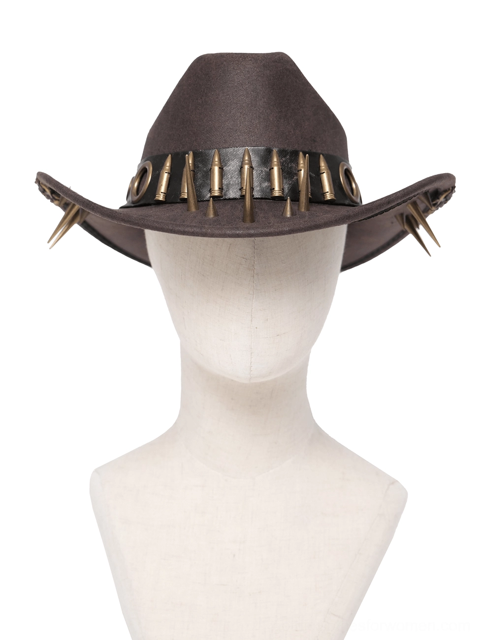 Brown gothic cowboy hat featuring zinc alloy bullet band and metal spikes, front view on mannequin