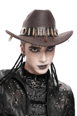 Brown gothic cowboy hat with metal bullet band and spikes, front view on male model with dark makeup