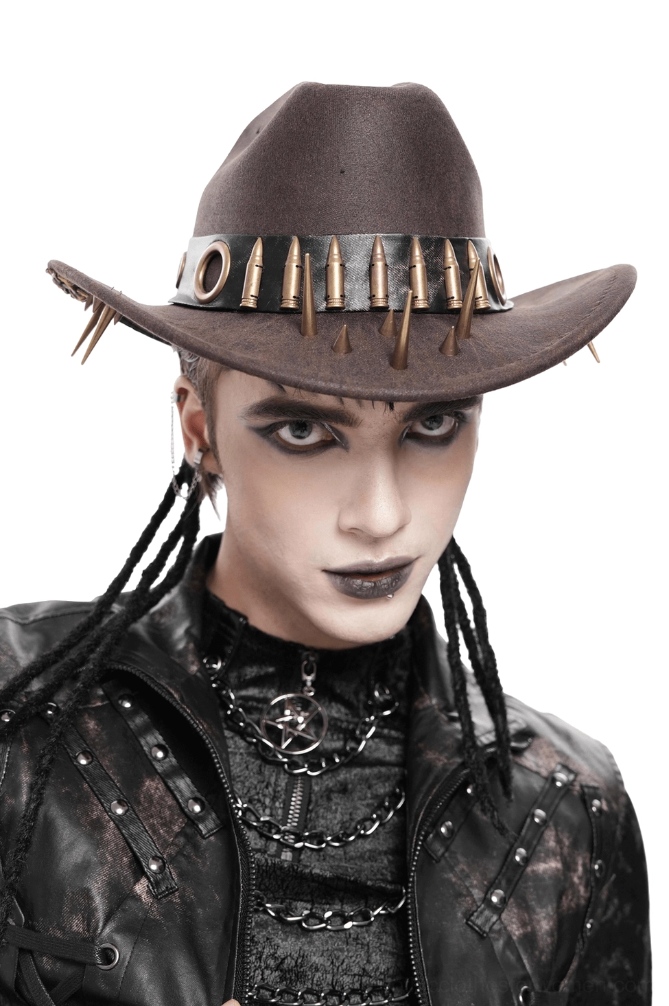 Brown gothic cowboy hat with metal bullet band and spikes, front view on male model with dark makeup