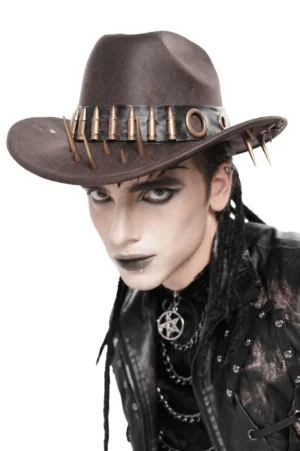 Brown gothic cowboy hat with metal bullets and sharp spikes, left side profile on male model