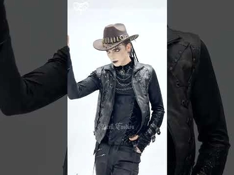 Brown gothic cowboy hat styled with punk leather outfit, half-body side view on dark background