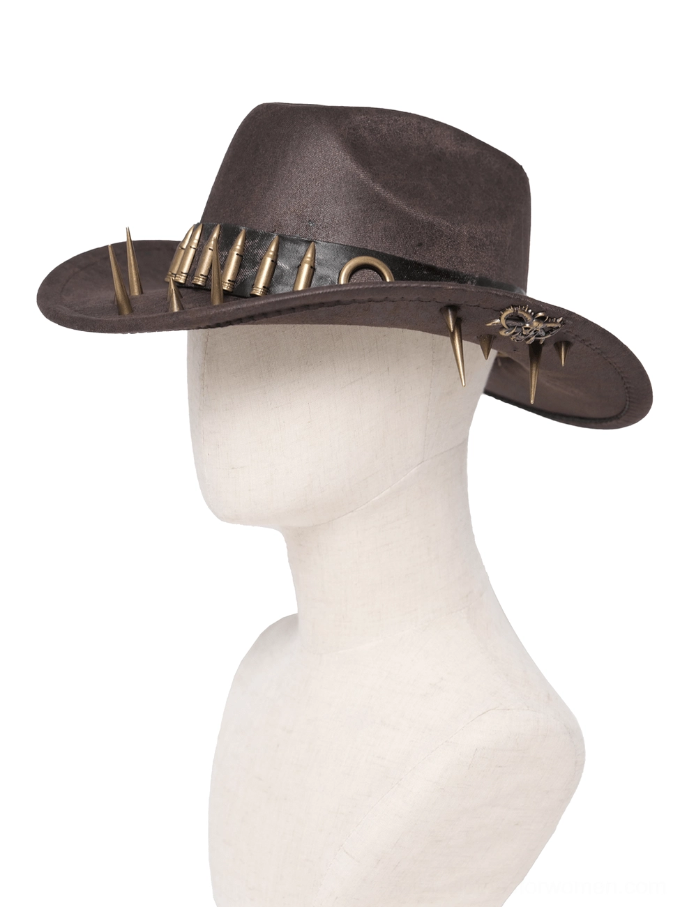 Brown gothic cowboy hat with metal bullets, spikes, and cross emblems, right side view