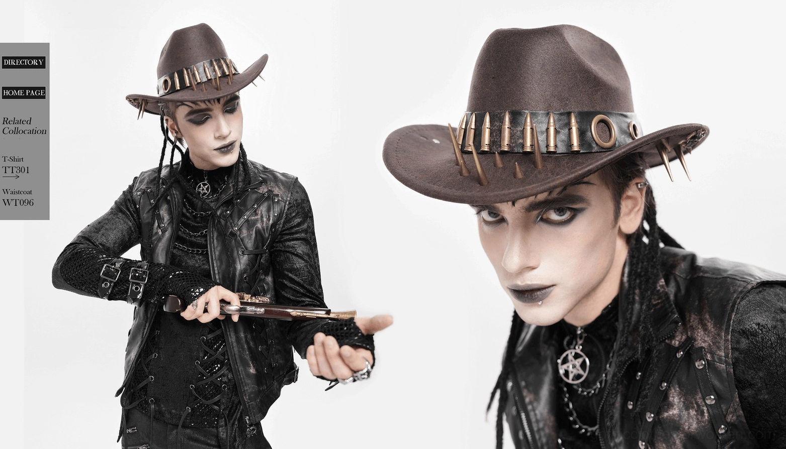 Brown gothic cowboy hat with metal hardware, bullets, and spike embellishments, styled view