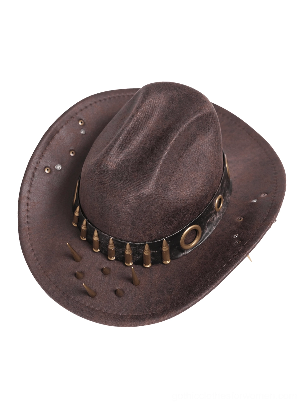 Brown gothic cowboy hat with bullet casings and metal spikes, top-down oblique perspective