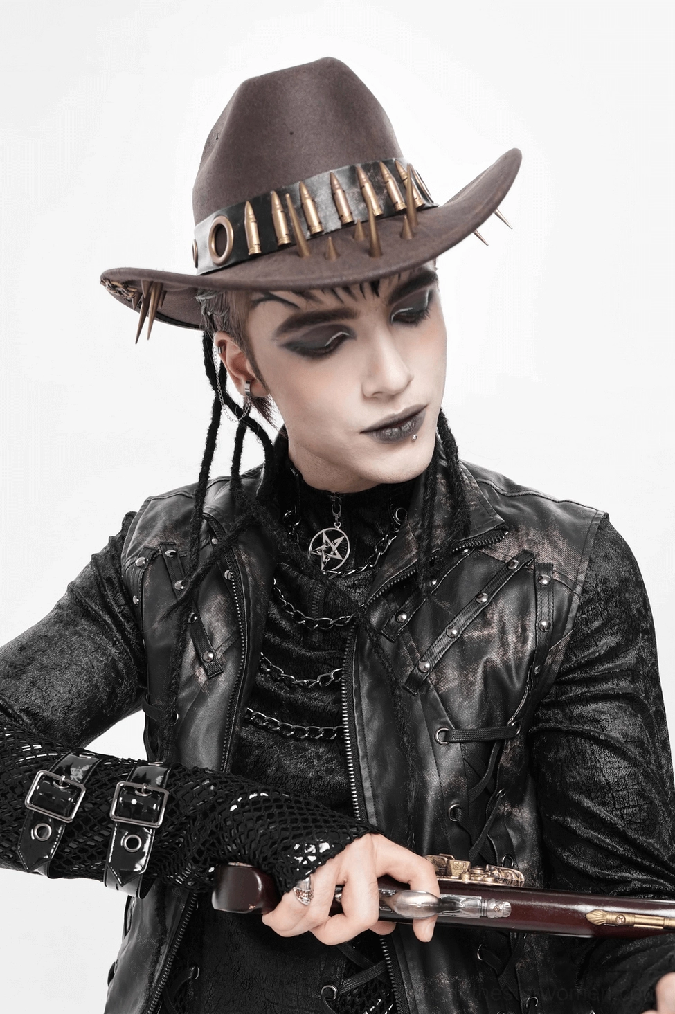 Brown gothic cowboy hat displaying full metal spike and bullet casing details