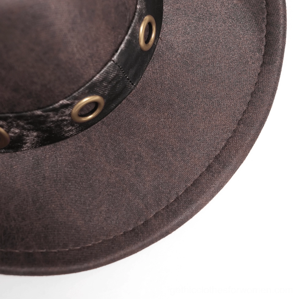 Brown gothic cowboy hat with metal embellishments and textured faux leather construction