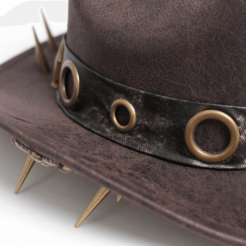 Brown gothic cowboy hat showcasing metal hardware, bullets, and spike embellishments
