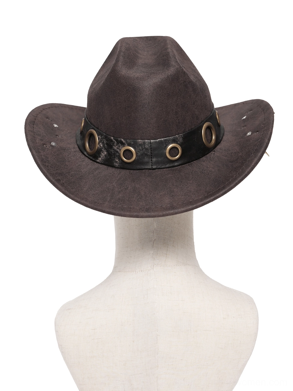 Brown cowboy hat with black band featuring metal rings and round studs detail