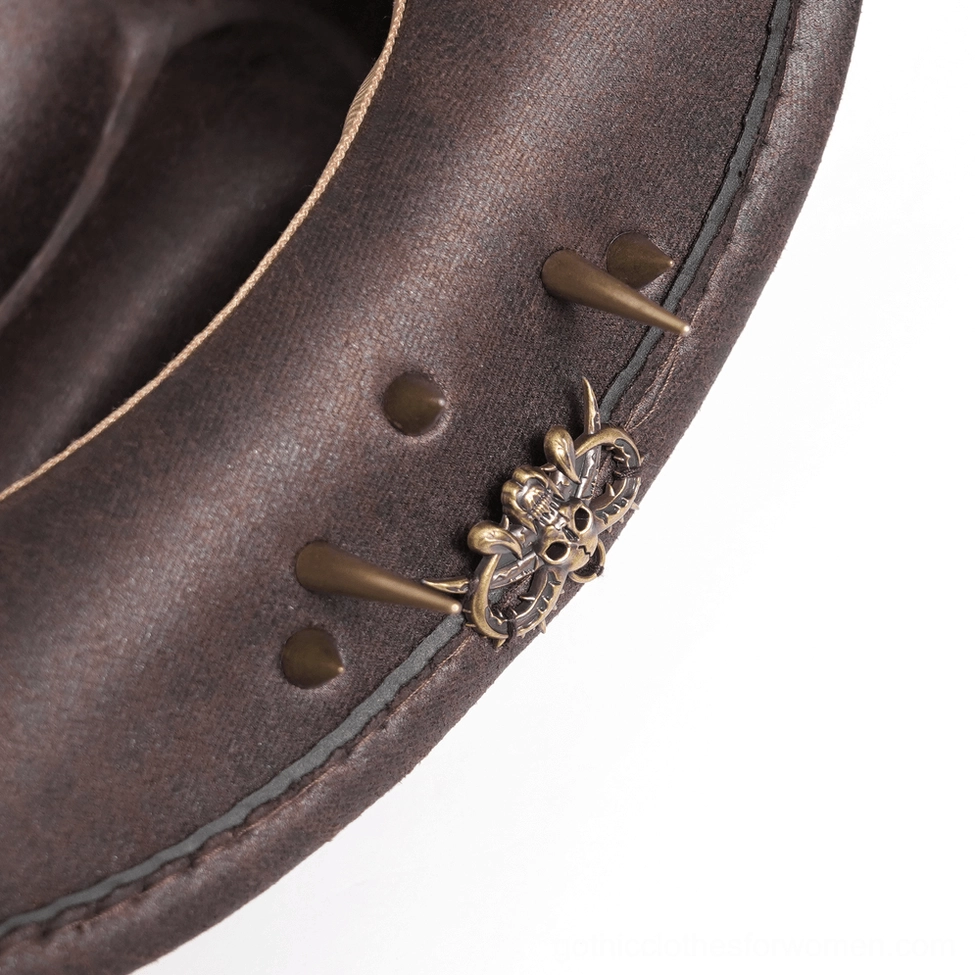Brown gothic cowboy hat with zinc alloy bullets and sharp metal spikes, enhanced detail view