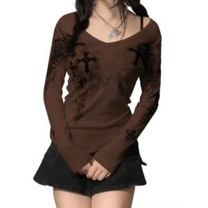 Dark brown gothic cross wings long sleeve top slim fit design, front model view on white background