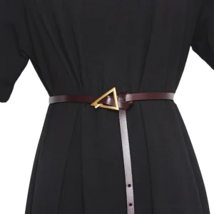 Dark brown PU leather waist belt with geometric triangle gold buckle, mannequin styling detail