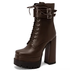 Brown dark leather platform ankle boots with lace-up closure and block heels, top front angle