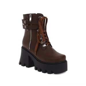 Dark brown gothic platform boots with architectural block heel and lug sole, side profile displaying platform height and industrial aesthetic