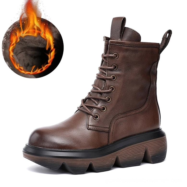 Brown leather gothic platform combat boots with side zipper and warm lining, vintage leather texture