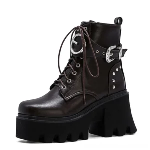 Rich brown gothic platform combat boots with chunky sole and metal hardware detailing, left side angle showcasing the elevated platform and side zipper closure