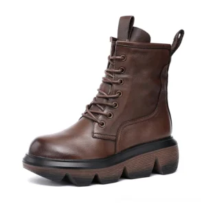 Brown genuine leather gothic platform combat boots with vintage finish and thick platform sole, side angle
