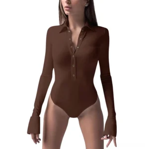 Brown cyberpunk button jumpsuit long sleeve romper front view worn by model demonstrating tailored fit and shirt collar design