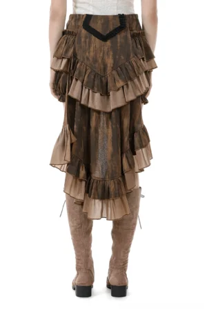 Brown gothic shorts back view showing extended train hem with layered ruffles and decorative black trim detail