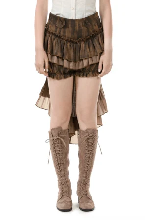 Brown gothic layered shorts with cascading train hem front full-body view, steampunk ruffled design on female model