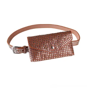 Brown gothic studded waist fanny pack with silver rivet detailing, front oblique view studio shot