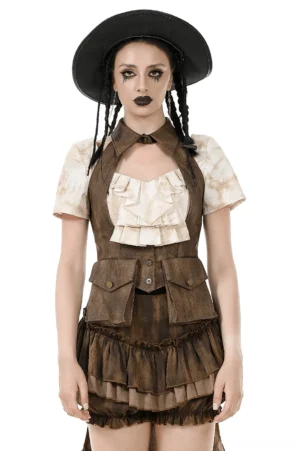 Brown distressed halter waistcoat front full-body view on model with cowboy hat, showing halter neck design and utility flap pockets