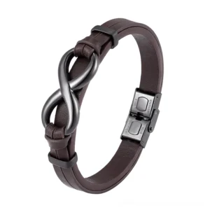 Deep brown vintage infinity leather bracelet with stainless steel hardware, classic gothic style