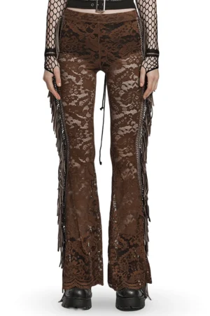 Brown lace flare gothic pants with fringe trim, paired with fishnet long-sleeve top and gothic accessories, full-body front view