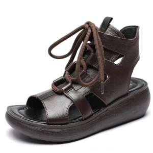 Brown genuine leather gladiator platform sandals with peep toe and lace-up high-top straps, solid brown colorway alternative fashion footwear