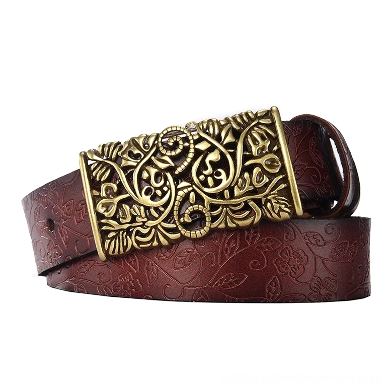 Dark brown vintage genuine leather gothic belt with embossed floral surface and bronze buckle