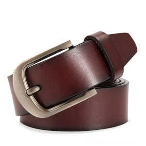 Brown rich leather gothic belt with polished silver metal buckle, 3/4 angle showcasing color depth and craftsmanship