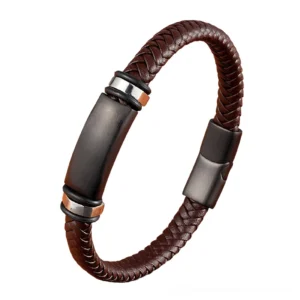 Brown leather gothic statement bracelet with matte steel accent and secure magnetic fastening