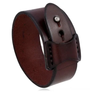 Brown vintage cowhide leather gothic cuff bracelet with adjustable snap fastener, punk rock style front display