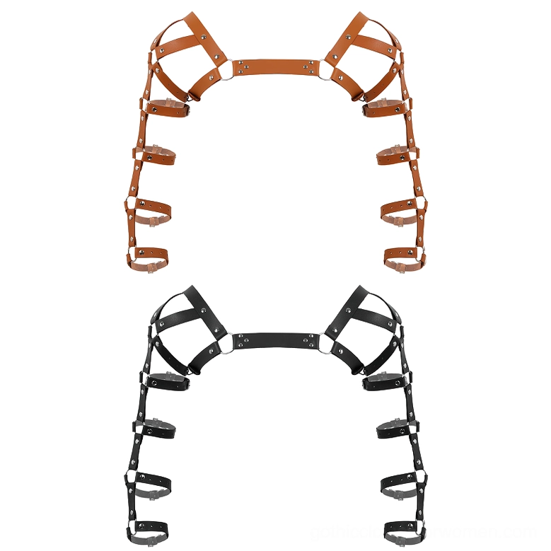 Brown leather chest harness flat lay, showing straight shoulder straps and full chest coverage design