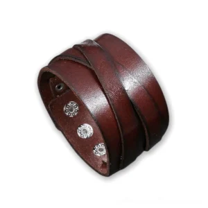 Deep brown genuine leather wide cuff bracelet with adjustable snap fasteners, multi-strap design