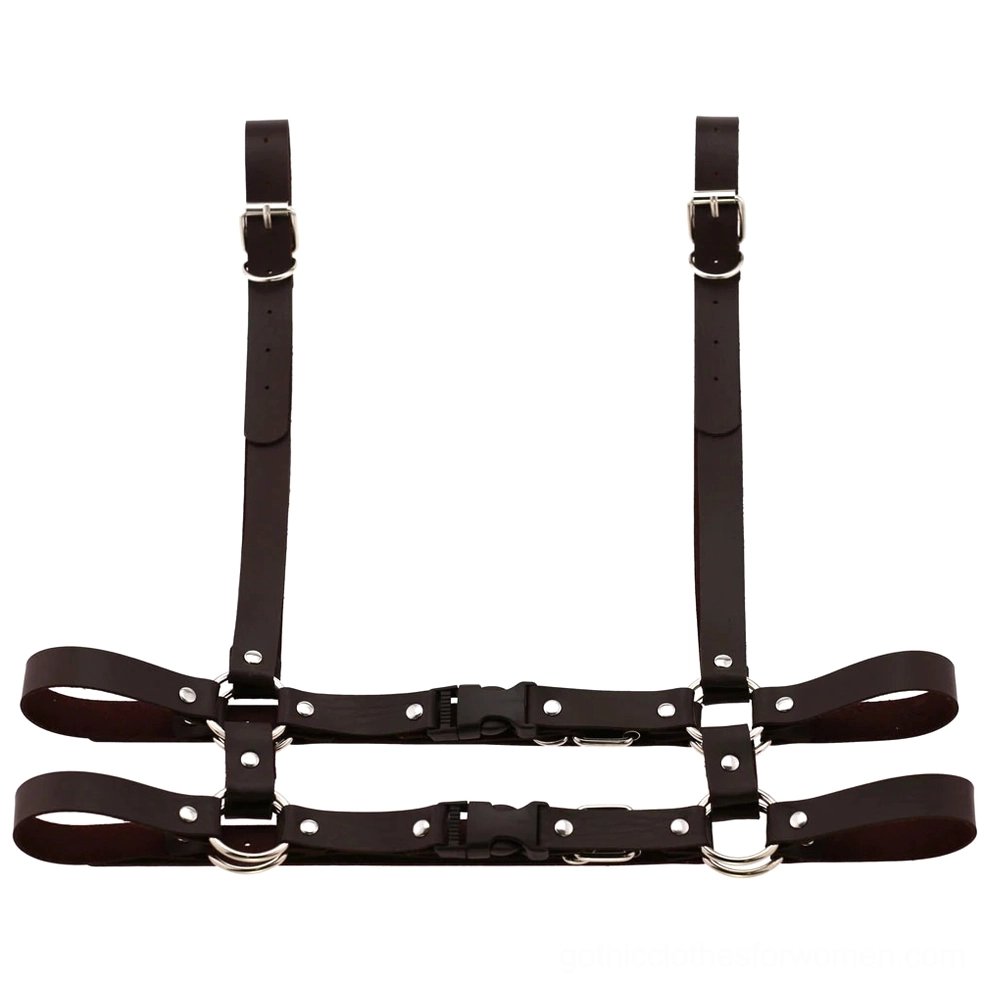 Brown leather body harness front flat lay view with matching silver hardware and dual waist strap design
